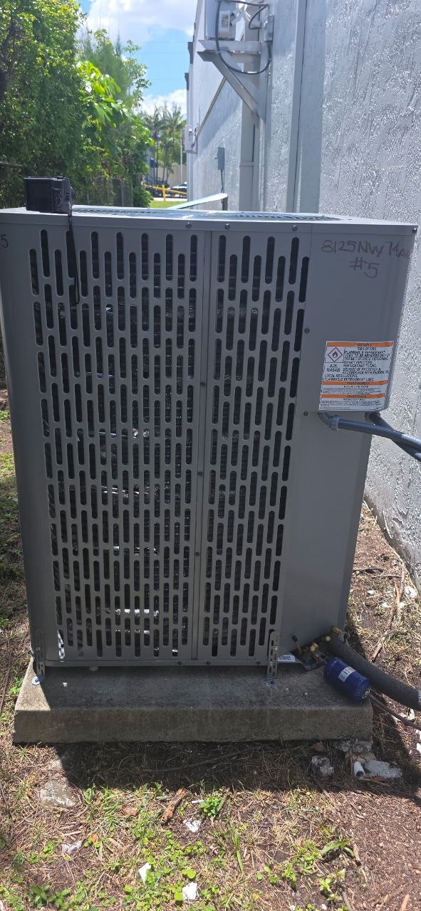 Exterior AC condenser unit inspected on concrete pad