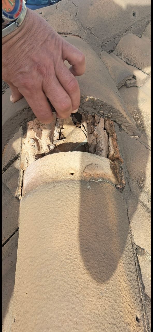 Rotted roof tile underlayment exposed during hand inspection