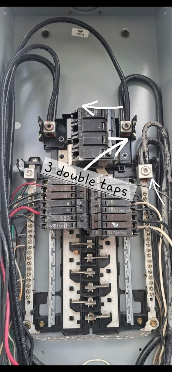 Electrical panel with three double-tapped breakers flagged