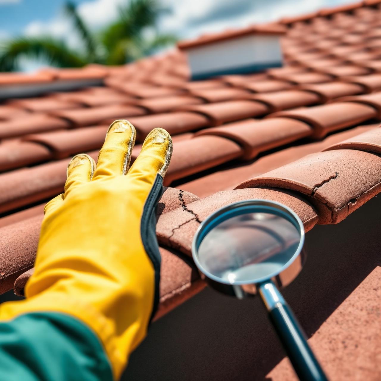 Hands-on inspection of cracked Spanish tile roof in Miami