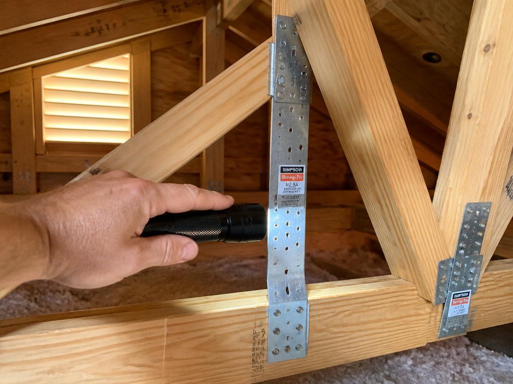 Inspector checking hurricane roof-to-wall straps in a Florida attic