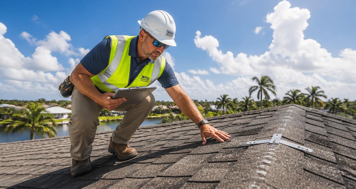 Inspector walking a Florida roof checking hurricane straps and shingles by hand